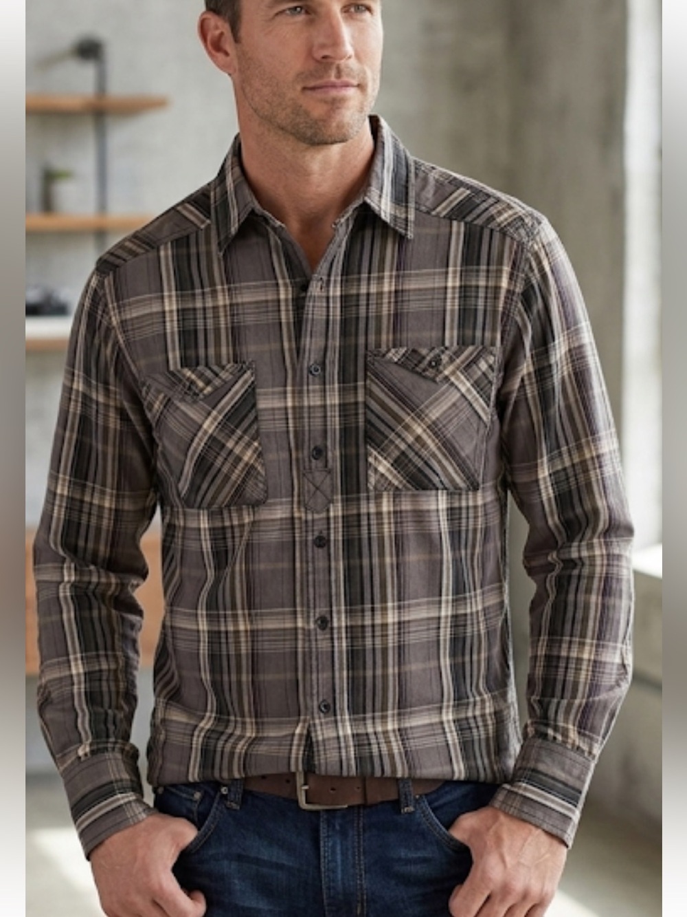 English Laundry Blaque Label by Christopher Wicks Earth-Tone Plaid Shirt L